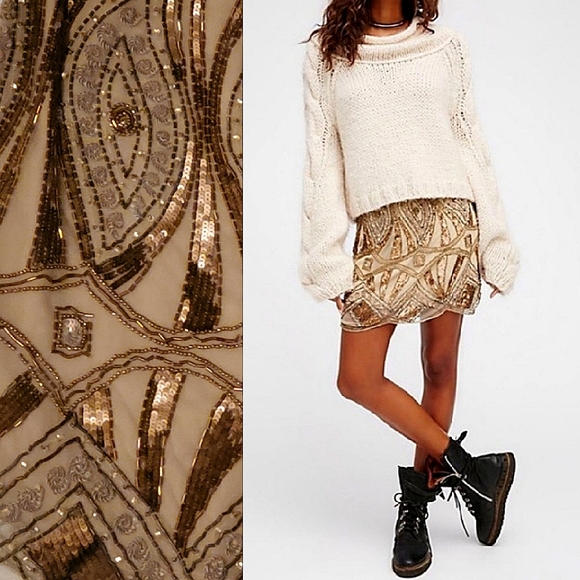 NWT🌺 Free People Formal Boho Gold Sequins  Embellished Mini Skirt 10 - Picture 1 of 9